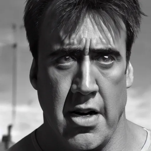 Prompt: nicholas cage as the hulk, gritty portrait, film still