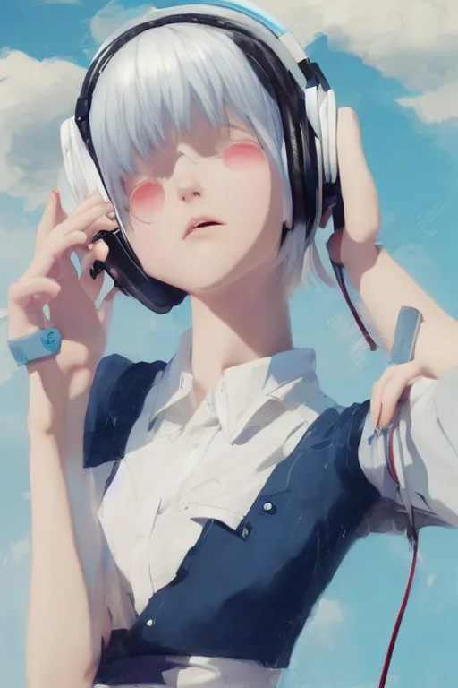 Image similar to a cute young woman listening to music with her eyes closed and wearing headphones in the style of Ilya Kuvshinov and Range Murata, white bob cut hair, freckles, blue filter, blue and white, vivid colors, soft lighting, cinematic, moody, nier automata, poster, oil on canvas by Krenz Cushart, 8k