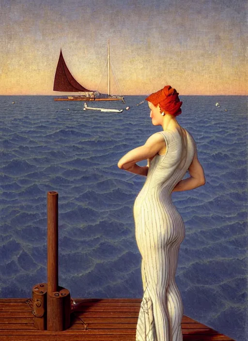 Image similar to a fancy beautiful young lady standing on a wharf at the edge of the sea by rob gonsalves and brom and gil elvgren and george petty and jean delville and william blake and norman rockwell, crisp details, hyperrealism, high detail, high contrast, low light, grey mist, cobblestones, dim lantern