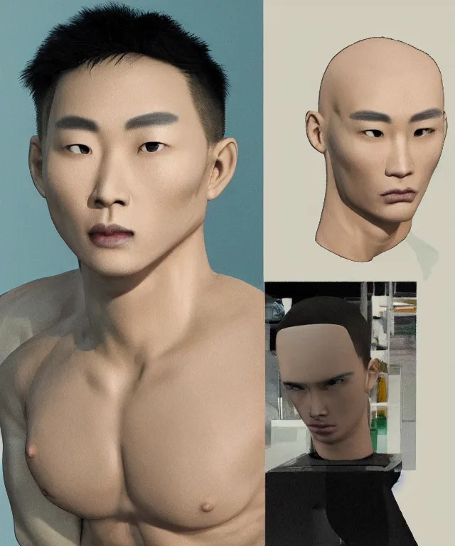 Prompt: a hybrid of asian man's body and victoria's secret white model's head, realistic