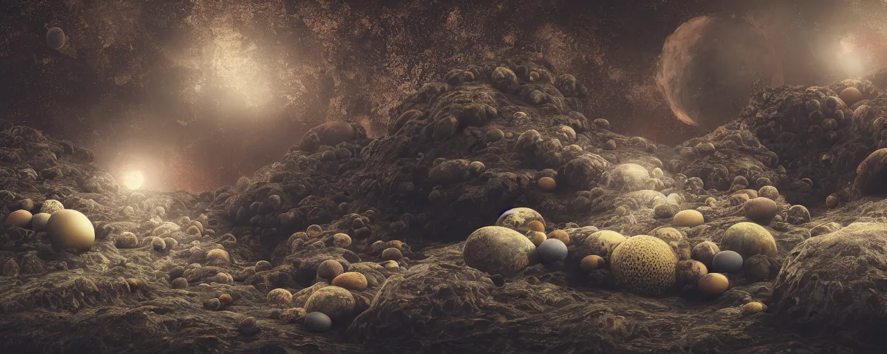 Image similar to ” louter planet with strange and mysterious eggs and larvae, [ cinematic, detailed, epic, widescreen, opening, establishing, mattepainting, photorealistic, realistic textures, octane render ] ”