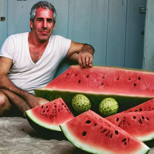 Image similar to a photo of jeffrey epstein sitting in a hut in hawaii with various square watermelons everywhere in the room, portra 4 0 0