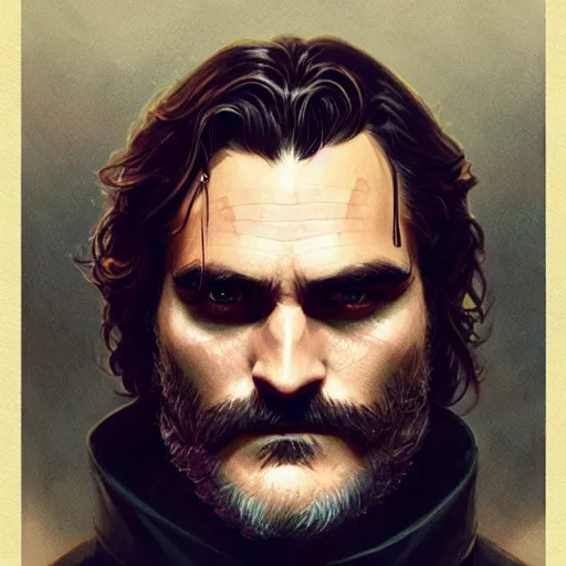 Image similar to handsome Joaquin Phoenix as batman, western, closeup, D&D, fantasy, intricate, elegant, highly detailed, digital painting, artstation, concept art, matte, sharp focus, illustration, art by Artgerm and Greg Rutkowski and Alphonse Mucha