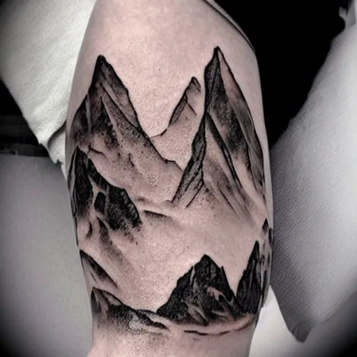 Image similar to megan fox as beautiful mountains, double exposure effect, medium sized tattoo sketch, amazing detail, on pinterest