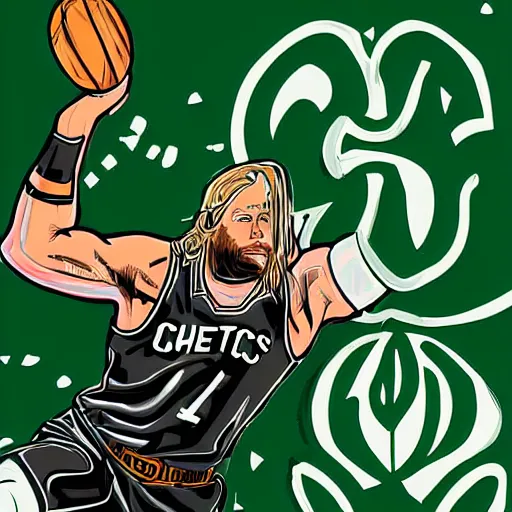 Image similar to Thor watching the Celtics courtside, digital art, holding his hammer