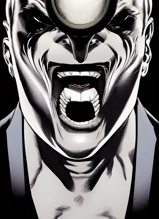 Prompt: aesthetic digital illustration of a handsome grinning young man by brian bolland, rachel birkett, alex ross, and neal adams | dark, sinister, intimidating, imposing, portrait, character concept, concept art, unreal engine, finalrender, centered, deviantart, artgerm