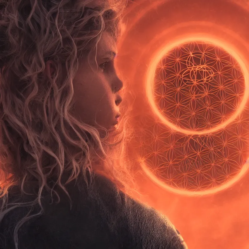 Image similar to closeup portrait of a beautiful guard with wavy blonde hair seen from the back in front of a dystopian (orange fog) merkabah flower of life cyberpunk ultra realistic 4K