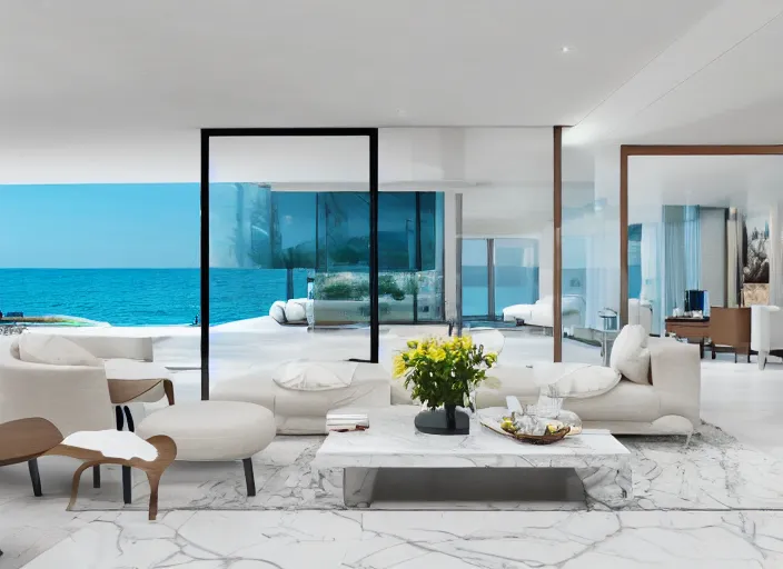 Prompt: interior photo of a modern beach mansion with a beautiful couch next to a white marble table on top of which there are magnificent flowers, highly detailed, hd, 4k