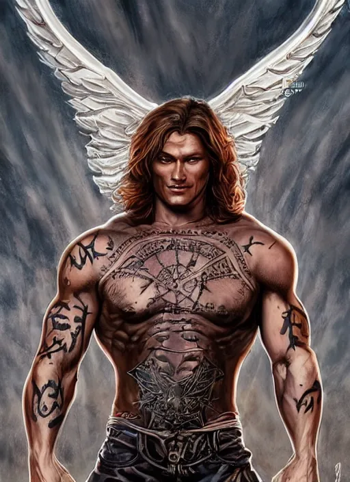 Prompt: front Sam Winchester is a muscular cyborg-angel holding swords metalic wings wide open, teared apart T-Shirt whole body tattooed with runes and satanic symbols, D&D!, fantasy style, sharp focus!, ultra detailed, art by Artgerm and Peter Andrew Jones, WLUP