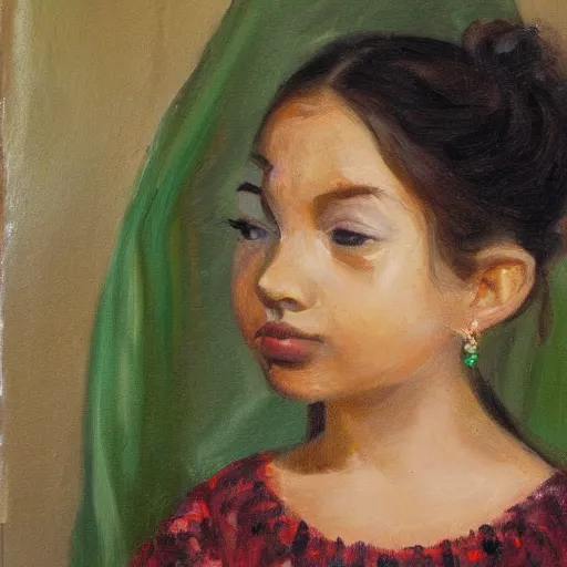 Prompt: a portrait of a young girl wearing an emerald earring. The girl is looking over her shoulder at the viewer with a sly expression on her face. naturalistic style with soft, muted colors. The girl's face is the only part of the painting that is in sharp focus. The rest of the painting is done in a soft, blurry style. The girl's face is lit from the left, creating a soft, halo-like effect around her head. The emerald earring is the only source of light in the painting. an oil tronie painting by Johannes Vermeer.