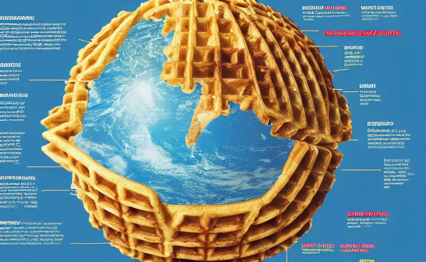 Prompt: the image of earth projected onto a waffle with scientific diagrams and math equations and infographics and charts and graphs in a magazine article with text