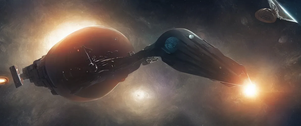 Image similar to illustration, a single small spaceship, deep space exploration, alone, the expanse tv series, industrial design, battlestar galactica tv series (2004), cinematic lighting, 4k, greebles, widescreen, wide angle, sharp and blocky shapes, extraterrestrial paradise, hyper realistic, hubble photography, wakfu palette, beksinski