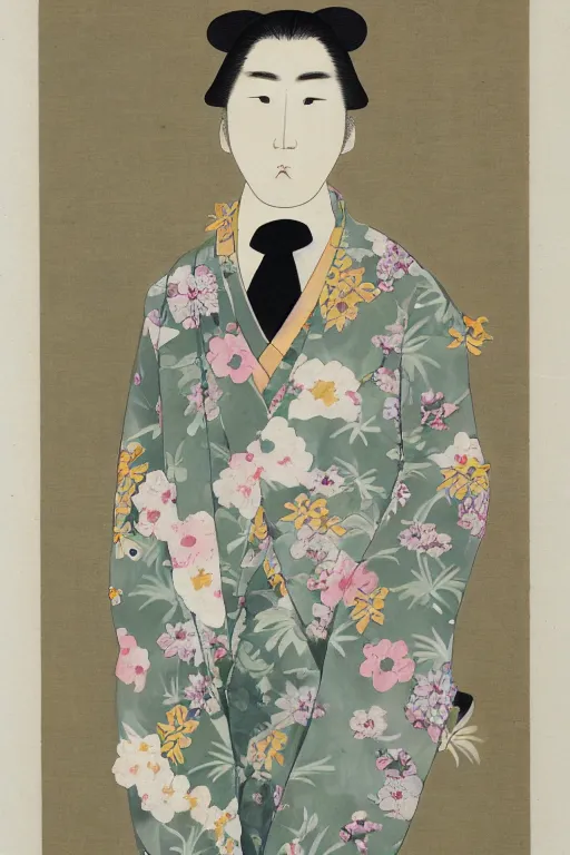 Image similar to A Japanese artwork of a man wearing a white floral suit, with many flowers in a stylistic manner