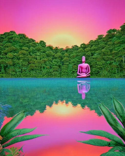 Prompt: the most beautiful sunset, giant pink full moon, a giant buddha meditating above a glass clear lake surrounded by a rain forest with giant ferns and blue flowers, coherent design, symmetrical, concept art, vivid color, complementary color, golden ratio, detailed, sharp lines, intricate, rainbowshift, by mc escher, by sahm, octane render