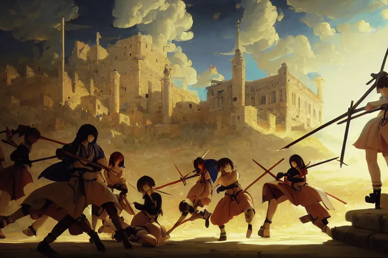 Image similar to baroque oil painting of key visual environment concept art of anime maids fighting a crusade in jerusalem, brutalist, dark fantasy, rule of thirds golden ratio, fake detail, trending pixiv fanbox, acrylic palette knife, style of makoto shinkai studio ghibli genshin impact jamie wyeth james gilleard greg rutkowski chiho aoshima