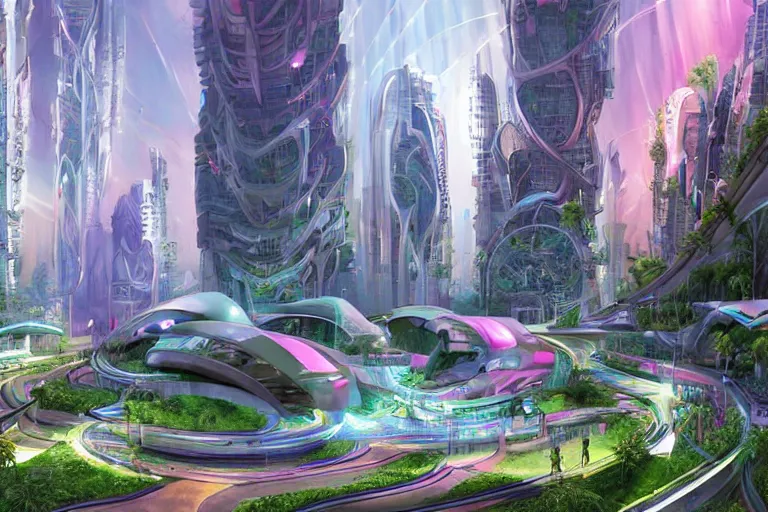 Prompt: futuristic cyberpunk city with Singaporean lush garden with royal white and pink and white and luxurious gold colors, advanced civilization, high-end onsen, Antelope canyon, rocks formed by water erosion, walls made of beautiful smooth sandstone light beams that shine, polish narrow slots of walls into a striated swirling finish, digital painting, concept art, smooth, sharp focus, from Star Trek 2021, illustration, by WLOP and Ruan Jia and Mandy Jurgens and William-Adolphe Bouguereau, Artgerm