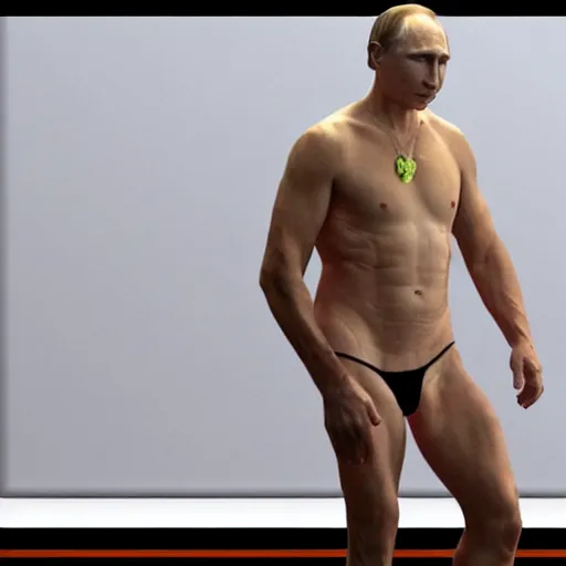 Image similar to putin wearing a thong, full body shot, hes on a green screen, hyper realistic, very detailed.