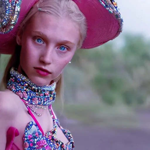 Prompt: a princess with long blonde hair and blue eyes wearing a sleeveless elaborately beaded pink dress and a cone shaped hat, high resolution film still, film by Simon Langton and David Frankel