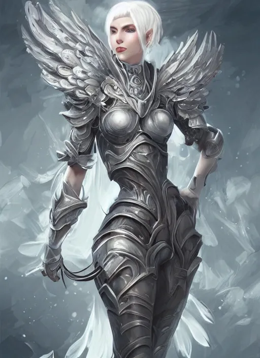 Image similar to a highly detailed illustration of white haired pale lady wearing dieselpunk armor dress with iron wings and blindfold, dramatic floating pose, intricate, elegant, highly detailed, centered, digital painting, artstation, concept art, smooth, sharp focus, league of legends concept art, wlop