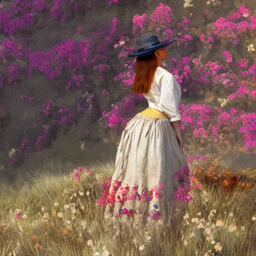 Image similar to a matte painting of the wild west, woman standing in patchy flower, oil painting, pale colors, high detail, 8 k, wide angle, trending on artstation,