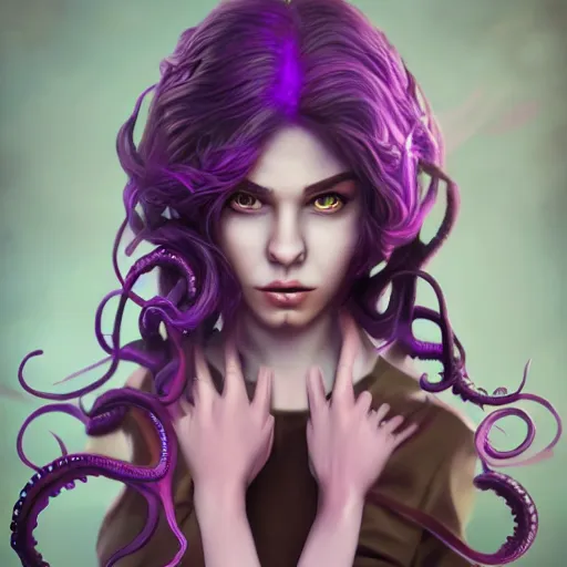 Prompt: artstation young teen with purple eyes and tentacles on her head in fury, very detailed, in glass town, portrait, ultra realistic