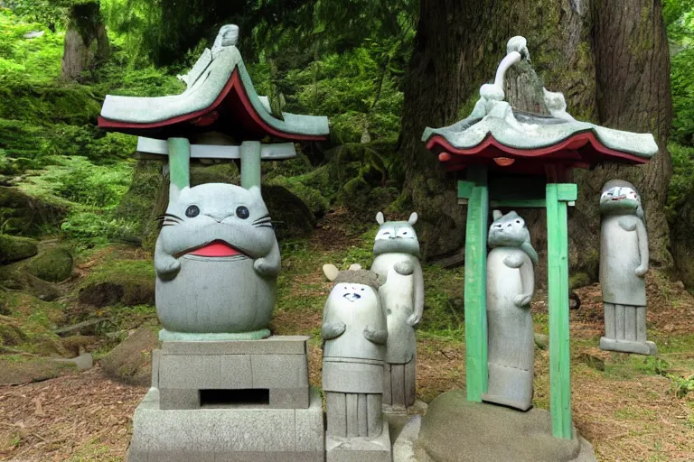 Image similar to shinto shrine statue of totoro in a wooden shrine