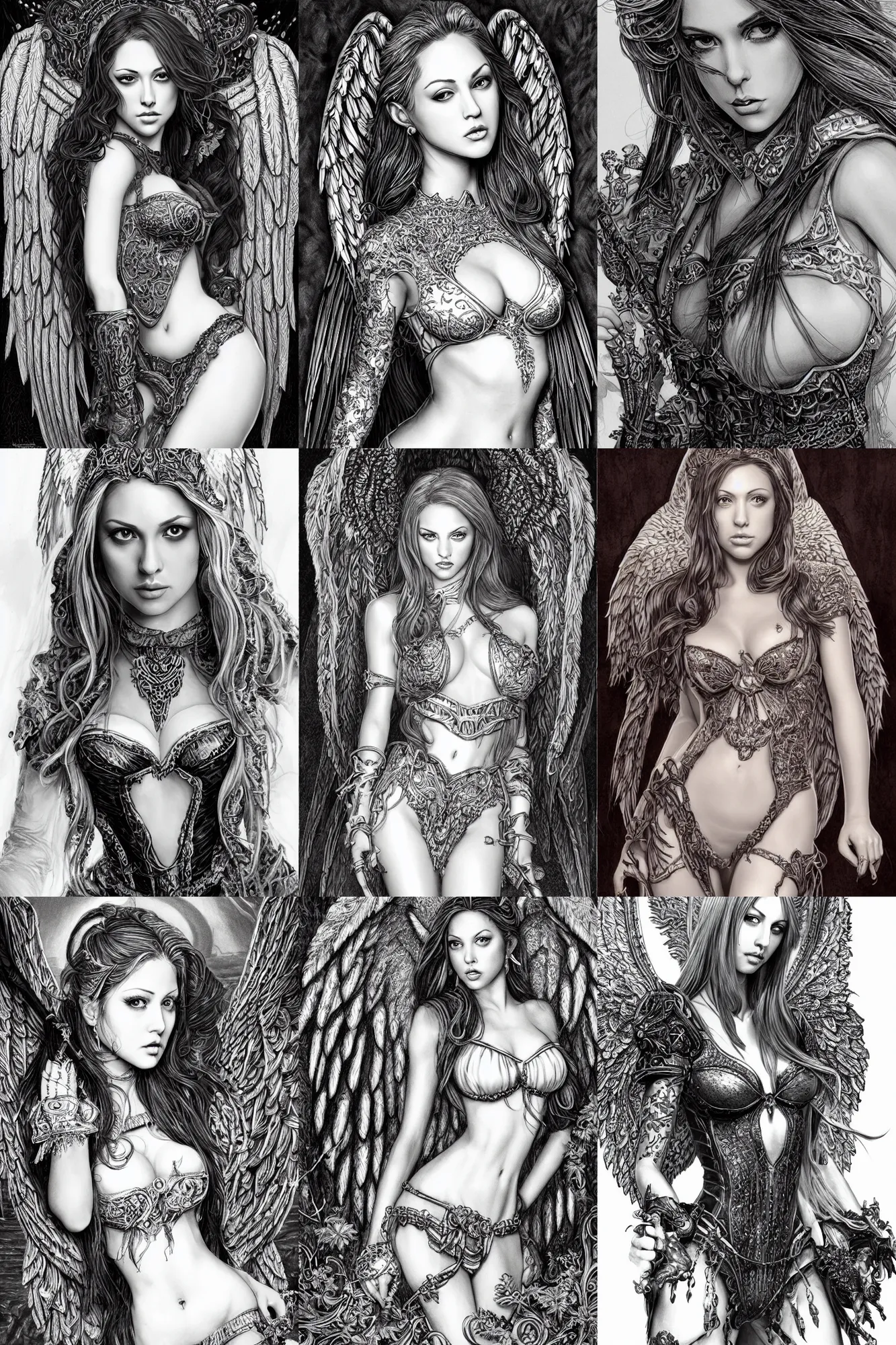 Prompt: alluring highly-detailed pen and ink illustration of an attractive young female angel (played by a youthful Jenna Haze from 2003), clothed in a chesty fantasy outfit, intricate, elegant, highly detailed, digital painting, trending on Artstation, concept art, smooth, sharp focus, illustration, in the style of artgerm and greg rutkowski and alphonse mucha