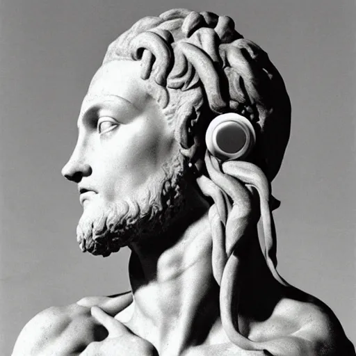 Prompt: A 35mm photo of Michelangelo’s sculpture of David wearing headphones