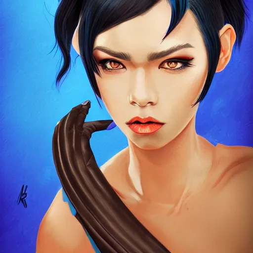 Image similar to illustrated realistic portrait of ram-horned devil woman with blue bob hairstyle and her tan colored skin and with solid black eyes wearing leather by rossdraws