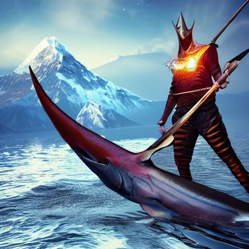 Image similar to lord sauron on his new paddle fishing a giant swordfish, mt everest background, digital art, trending on art station, high quality, uhd 8 k, beautiful, golden hour, intricate detail, high gradient, raytracing