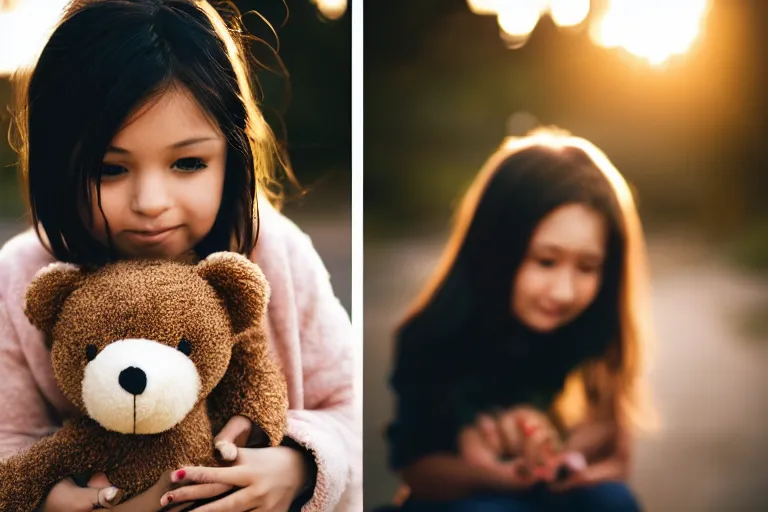 Image similar to canon, 30mm, bokeh, girl holding a teddy bear, snuggly, black hair, sunset, contrejour