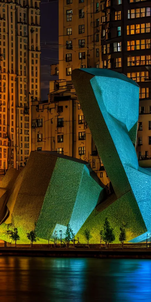 Image similar to high quality photo of biomorphic architecture with brutalist buildings and iridescent vegetation in Saint Petersburg at night cinematic lighting