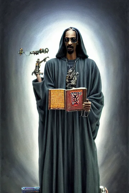 Prompt: painting of snoop dog as a cloaked tech priest holding a book, adeptus mechanicus!, cybernetic enhancements attached to his body, praise the omnissaiah, zdzislaw beksinski, lewis jones, mattias adolfsson, warhammer 4 0 k!!, cold hue's, warm tone gradient background, concept art, digital painting