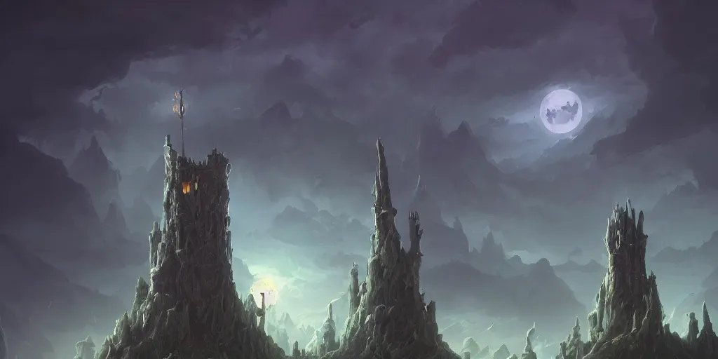 Image similar to The single lonesome grand wizard tower with demons in the sky by Tyler Edlin and Raphael Lacoste, fantasy art, green fields in the background, wide angle, cinematic composition, dark moody lighting, moon in the sky