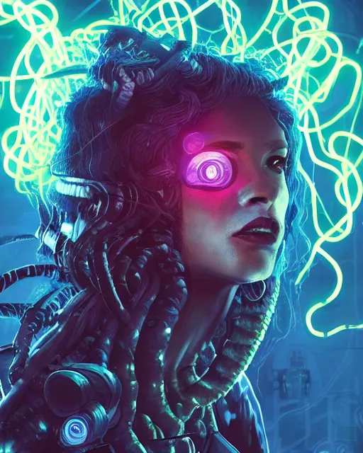 Image similar to a cyberpunk close up portrait of cyborg medusa, electricity, snakes in hair, sparks, bokeh, soft focus, skin tones, warm, blue, sunny sky, by paul lehr, jesper ejsing