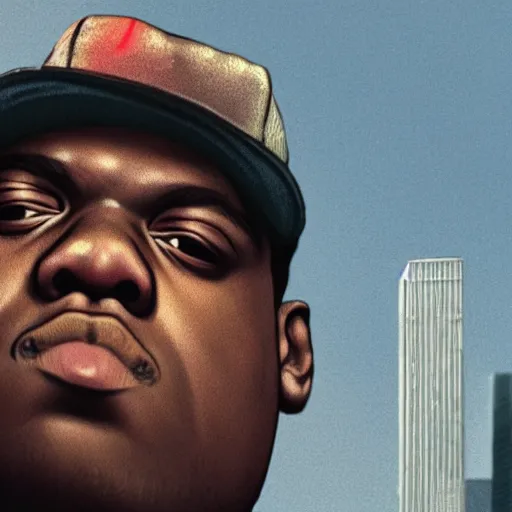 Image similar to Portrait of Biggie Smalls in GTA IV, splash art, movie still, cinematic lighting, dramatic, octane render, long lens, shallow depth of field, bokeh, anamorphic lens flare, 8k, hyper detailed, 35mm film grain