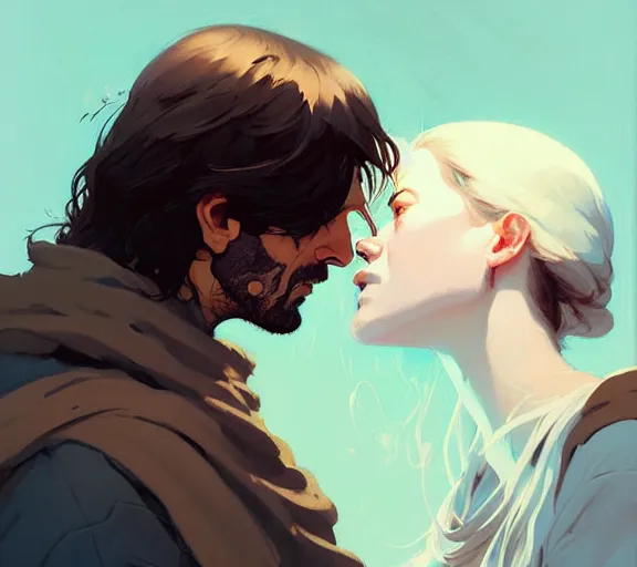 Image similar to portrait of aragorn kissing arven by atey ghailan, by greg rutkowski, by greg tocchini, by james gilleard, by joe fenton, by kaethe butcher, dynamic lighting, gradient light blue, brown, blonde cream and white color scheme, grunge aesthetic