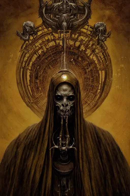 Image similar to a painting of a portrait of the high pontifex of pain with a halo on his head, golden halo, a detailed painting by santiago caruso, official art by greg rutkowski, a character portrait by seb mckinnon,, gothic art, apocalypse art, antichrist, grotesque, elder, skin, gouache, sinew, artstation