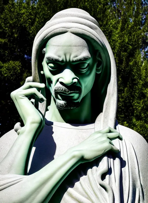 Prompt: snoop dog as marble statue, soft surface texture, very realistic 3 d render, soft sun lights, 4 k, high detailed photography result, in marijuanas gardens, 5 0 mm lens