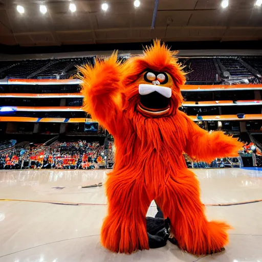 Image similar to the mascot gritty giving a speech at the Wells Fargo center, realistic