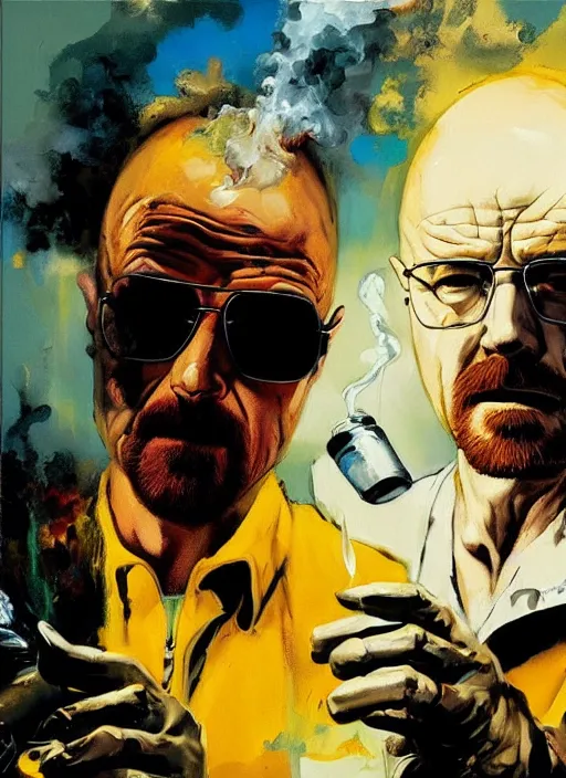 Prompt: walter white and jesse pinkman cooking meth, smoke, painting by phil hale, fransico goya,'action lines '!!!, graphic style, visible brushstrokes, motion blur, blurry, visible paint texture, crisp hd image