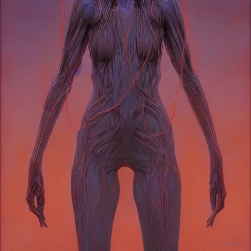 Image similar to Portrait Masterpiece, Wanda Maximoff, extremely skinny, red, glowing, wires everywhere, by Edgar Maxence and Ross Tran, Zdzisław Beksiński, and Michael Whelan, distant, gustav dore, H.R. Giger, 8k, octane render