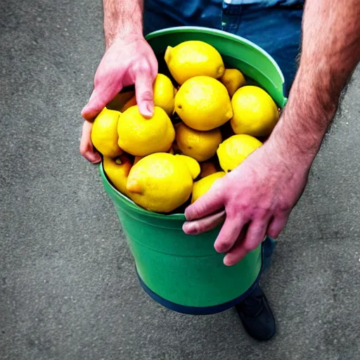 Image similar to A photograph of a confused man holding up a bucket of lemons