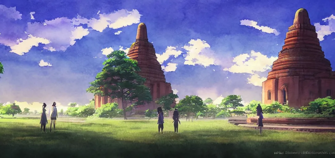 Prompt: sukhothai in the sunny day, watercolor, sukhothai in background, anime, romantic sky, volumetric lighting, art by makoto shinkai