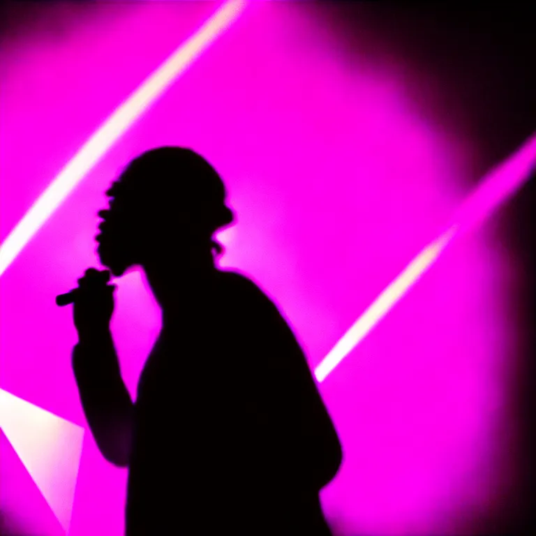 Image similar to rapper using microphone, epic angle, profile view, silhouetted, distinct, psychedelic hip-hop, laser light show, beams of light