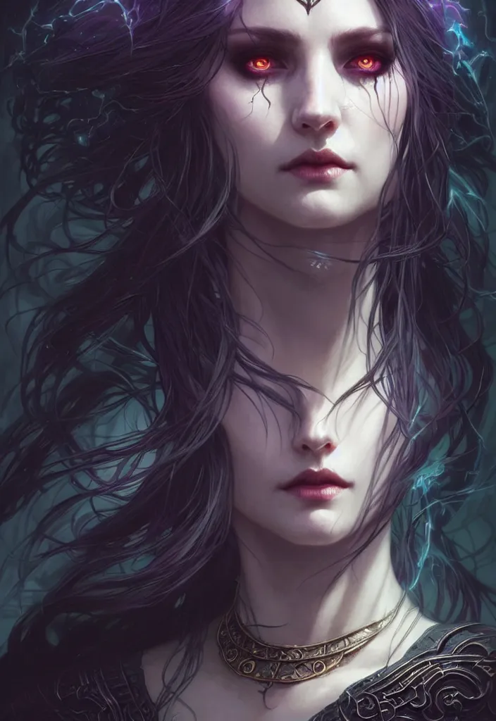 Image similar to Necromancer Sorceress face in center, fantasy magic, undercut hairstyle, dark light night, intricate, elegant, sharp focus, illustration, highly detailed, digital painting, concept art, matte, art by WLOP and Artgerm and Greg Rutkowski and Alphonse Mucha, masterpiece