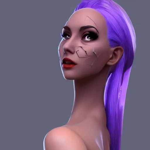 Prompt: a full shot of CGI Jinx, blue well-groomed ponytail, elegant refined face, not wearing many clothes, Body Shape (Slender), from Arcane League of Legends, digital art, 3d rendered model, exquisite detail, polished, post-processing, photo-shopped, low angle, octane render, unreal engine, hyper realism, cinematic, trending on ArtStation, 8k, High contrast, by Roger Magrini