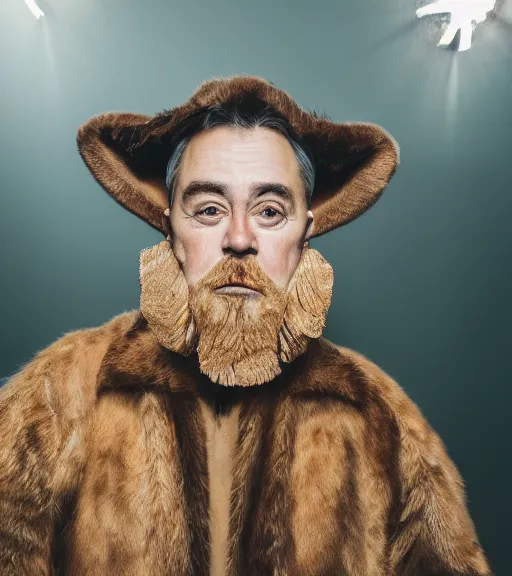 Image similar to detailed attractive characther portrait of jimmy faloon wearing oversized cow skin jacket and gold beard, realistic, wide angle, dramatic light 8 k