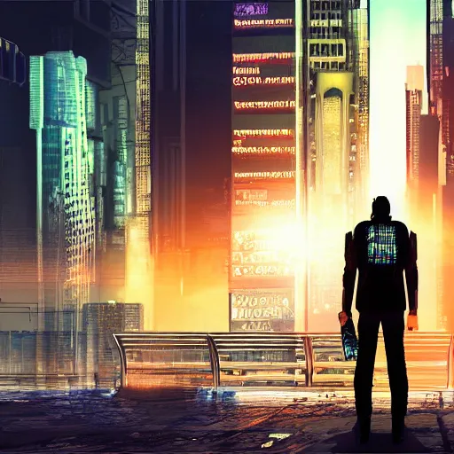 Image similar to An illustration of a cyberpunk world in New york, photorealistic, there's a man standing in front of new york, 8k, digital art