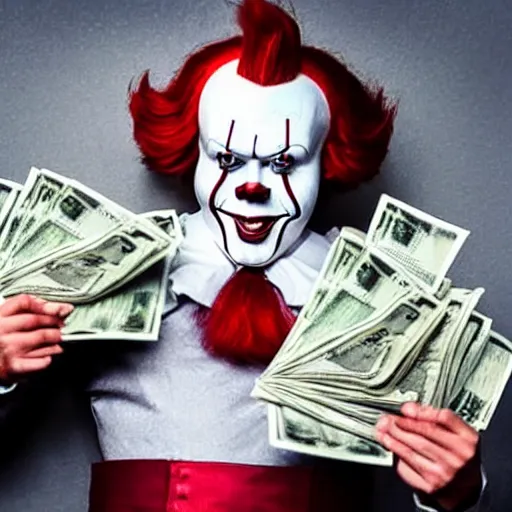 Prompt: Pennywise the clown wearing a suit and holding a stash of banknotes in his hands, full body shot, highly-detailed